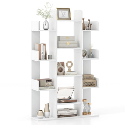 Boekenplank – Boekenkast – Wandplank – Boekenrek – Wandrek – Boomvormig Design – 13 Open Vakken – Wit Hout – Inclusief Anti-Kantel Beugels – 86x24x141 cm