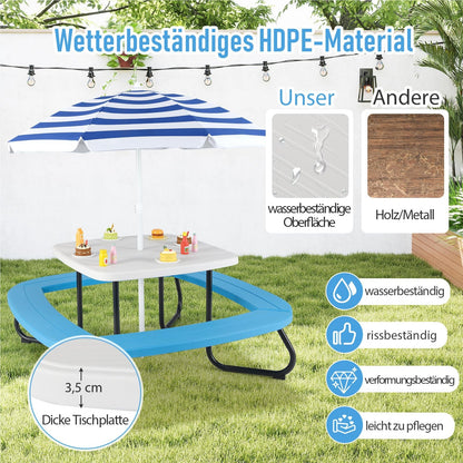 Kinderpicknicktafel – Kindertafel – Buitentafel – Speeltafel – Kindertuinmeubel – Voor 8 Kinderen – Weerbestendig HDPE – Verstelbaar Zonnescherm Blauw