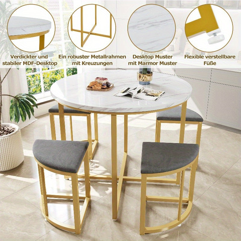 Eetkamertafel Set – Tafel Met Stoelen – Keukentafel Met Stoelen – Eetkamermeubel – Dining Set – Fluweel Beklede Stoelen – MDF Blad – Gouden Metalen Frame – Modern Design – Compact Voor Kleine Gezinnen