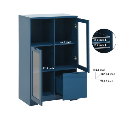 Kledingkast – Garderobekast – Opbergkast – Dressoir – Wandkast – Blauw Lacquered MDF – Glazen Deuren & Laden – Compact Minder Dan 70 cm Hoog