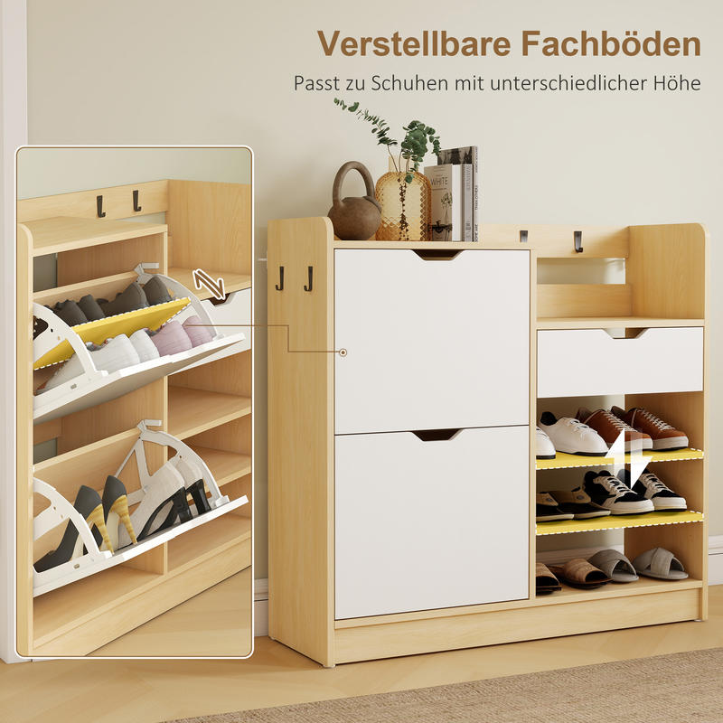 Schoenenkast – Schoenenrek – Schoenopberger – Schoenmeubel – Schoenentoren – Kiepbare Laden – 14 Paar Schoenen – Natuurlijke Houten Look – 4 Haken – Open Planken