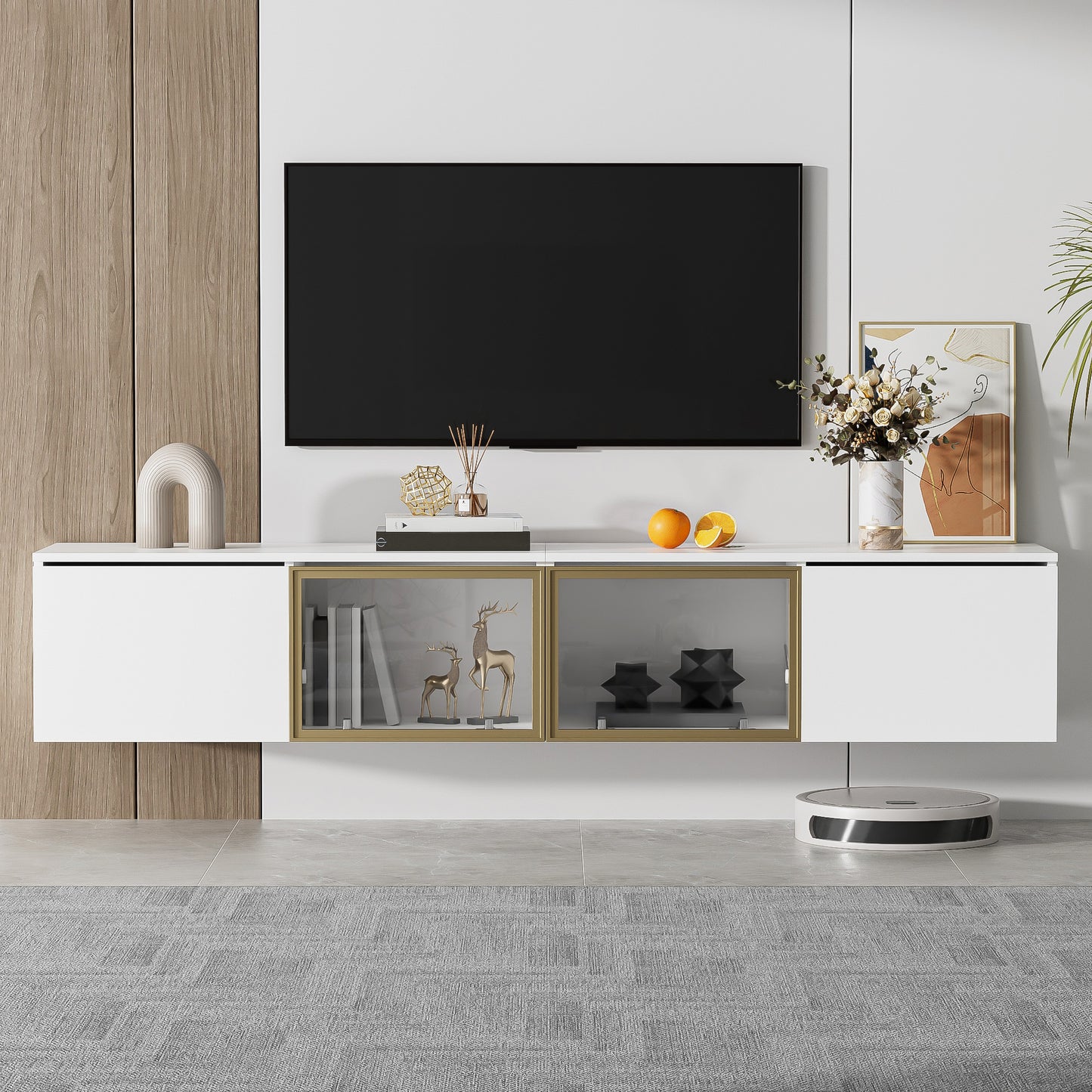 170 cm TV Cabinet – White Minimalist Style, Standing and Wall Mounting, 4 Doors (2 Glass Doors), Versatile Mounting Options, Perfect for Living Room