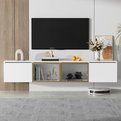 170 cm TV Cabinet – White Minimalist Style, Standing and Wall Mounting, 4 Doors (2 Glass Doors), Versatile Mounting Options, Perfect for Living Room