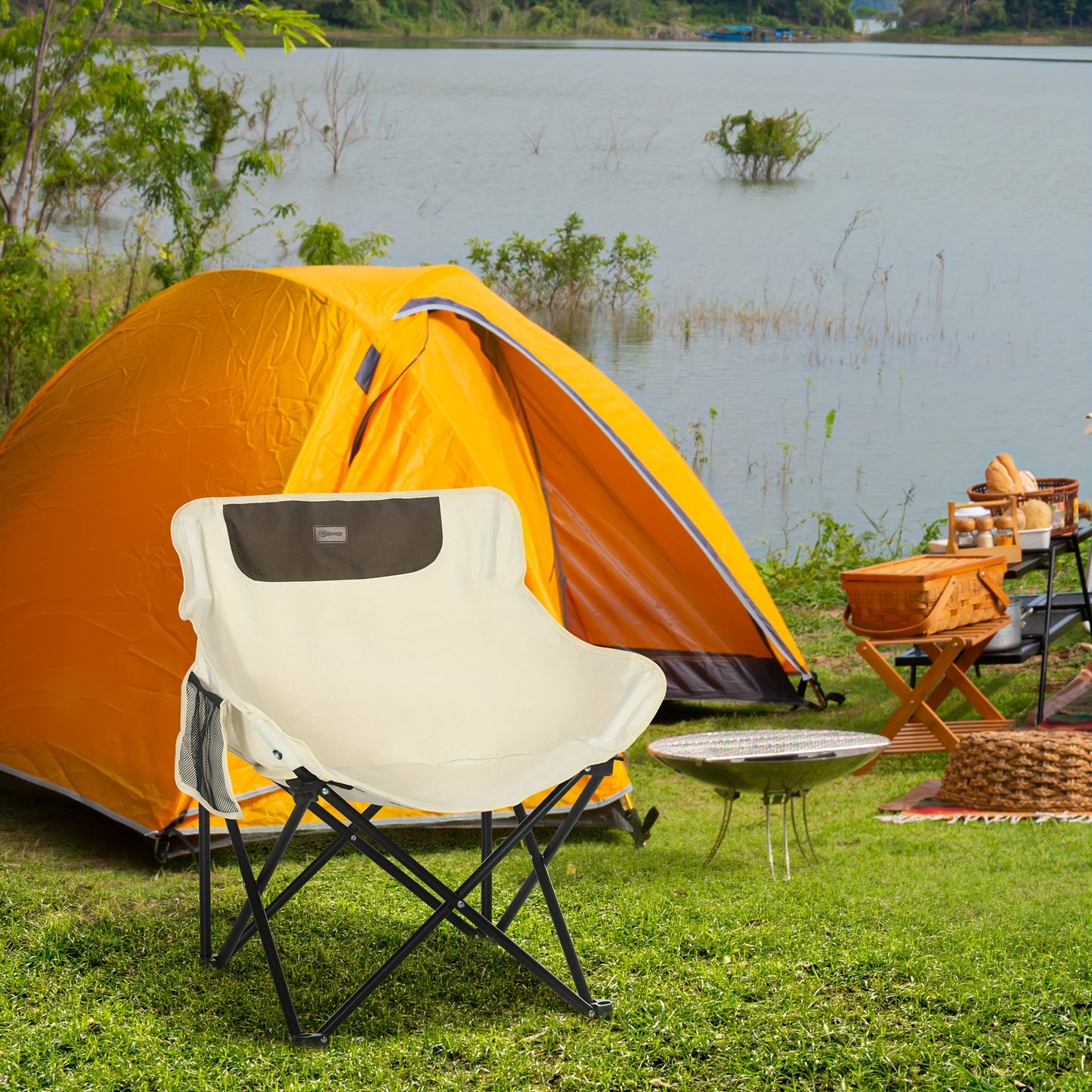 Inklapbare Campingstoel – Vouwstoel – Tuinstoel – Strandstoel – Buitenzaelstoel – Stalen Frame – Waterafstotend Oxford-materiaal – Zijvakken – Inclusief Draagtas – Wit