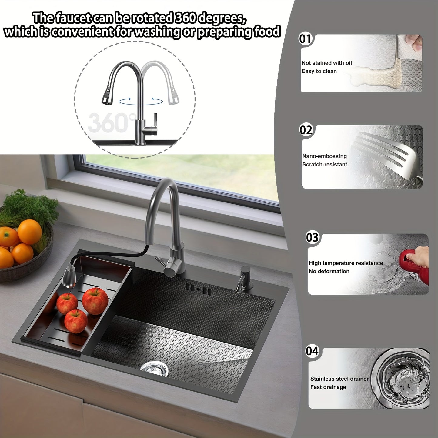 Stainless Steel Handmade Sink with Single Slot, Black Honeycomb Embossed Sink, Countertop Sink with Pull-Out Faucet, Soap Dispenser, Drain Basket, And Drainage Kit 80X50Cm