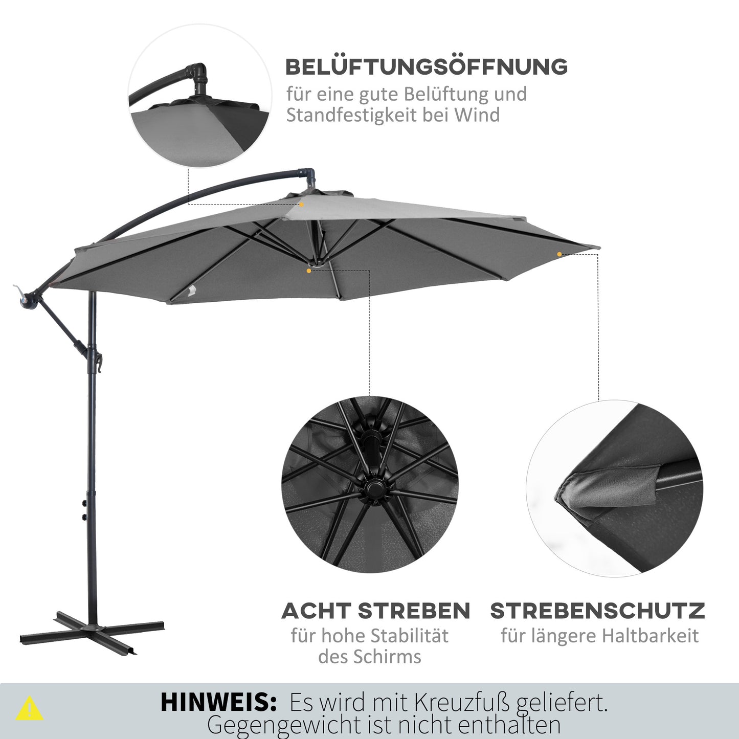 Parasol – Tuinparasol – Balkonparasol – Terrasparasol – Strandparasol – Stevig Stalen Frame – Handkurk Openen – Grijs Ø 2,95 m