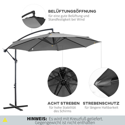 Parasol – Tuinparasol – Balkonparasol – Terrasparasol – Strandparasol – Stevig Stalen Frame – Handkurk Openen – Grijs Ø 2,95 m