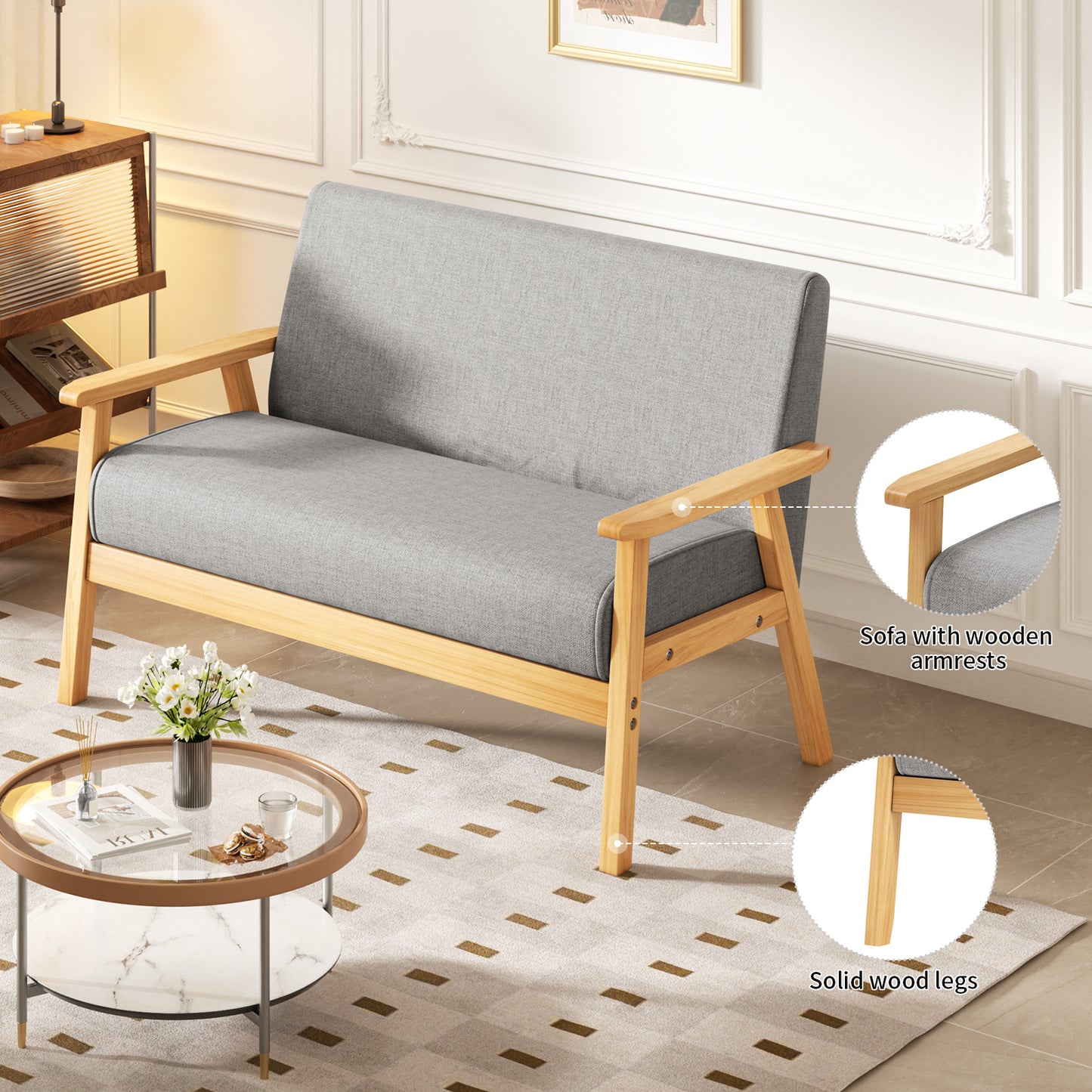 Bankstel – 2-Zitsbank – Sofa – Zitbank – Slaapbank – Linnen Bekleding – Massief Houten Frame – Comfortabel Zitten – Lichtbeige
