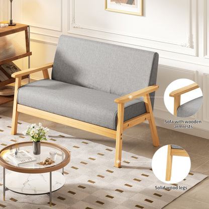Bankstel – 2-Zitsbank – Sofa – Zitbank – Slaapbank – Linnen Bekleding – Massief Houten Frame – Comfortabel Zitten – Lichtbeige