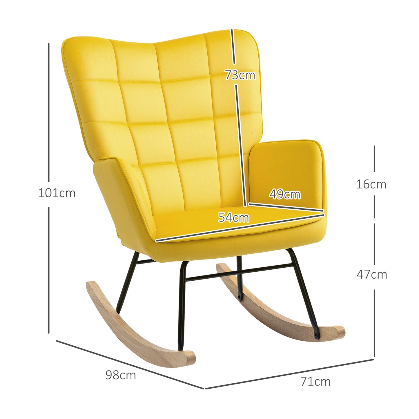 Schommelstoel – Rocking Chair – Wiegstoel – Relaxstoel – Voedingsstoel – Fluweel Bekleding – Stalen Frame Met Massief Houten Poten – Geel
