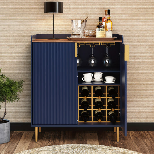 Wijnrek – Wijnkast – Wijnhouder – Wijnflessenrek – Wijnmeubel – Retro Design – 9 Flessen Capaciteit – Massief Hout Met Planken – Blauw