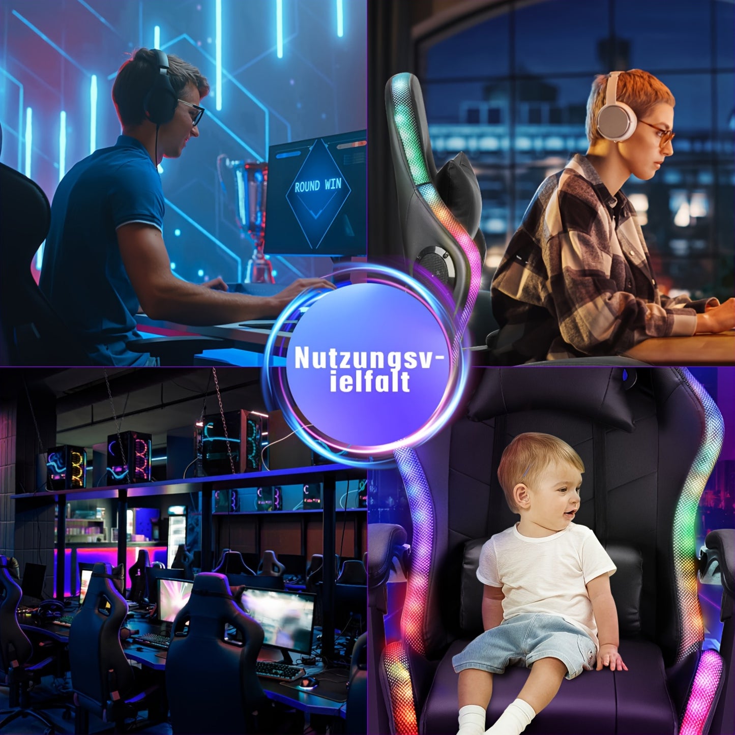 Gamingstoel – Bureaustoel – Draaistoel – Ergonomische Stoel – Zwarte RGB Verlichting – Verstelbare Rugleuning 135° – Memory Foam Zitting