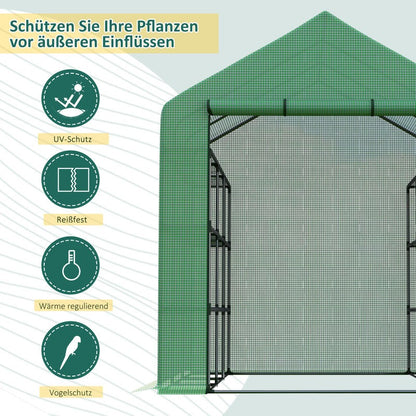 Kweekkas – Broeikas – Tuinkas – Plantenkas – Foliekas – 244x180x210 cm – Groen gecoat Stalen Frame – 8 Stevige Planken