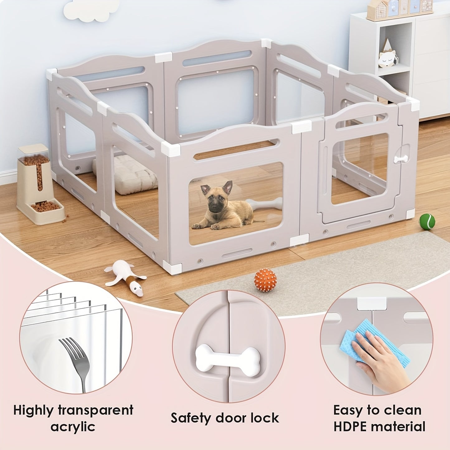 Hondenren – Puppyren – Hondenbench – Hondenkennel – Dierenren – Transparante Acrylpanelen – 7 Panelen + Deur – 60 cm Hoog – Inklapbaar – Met Zuignappen en Grondankers