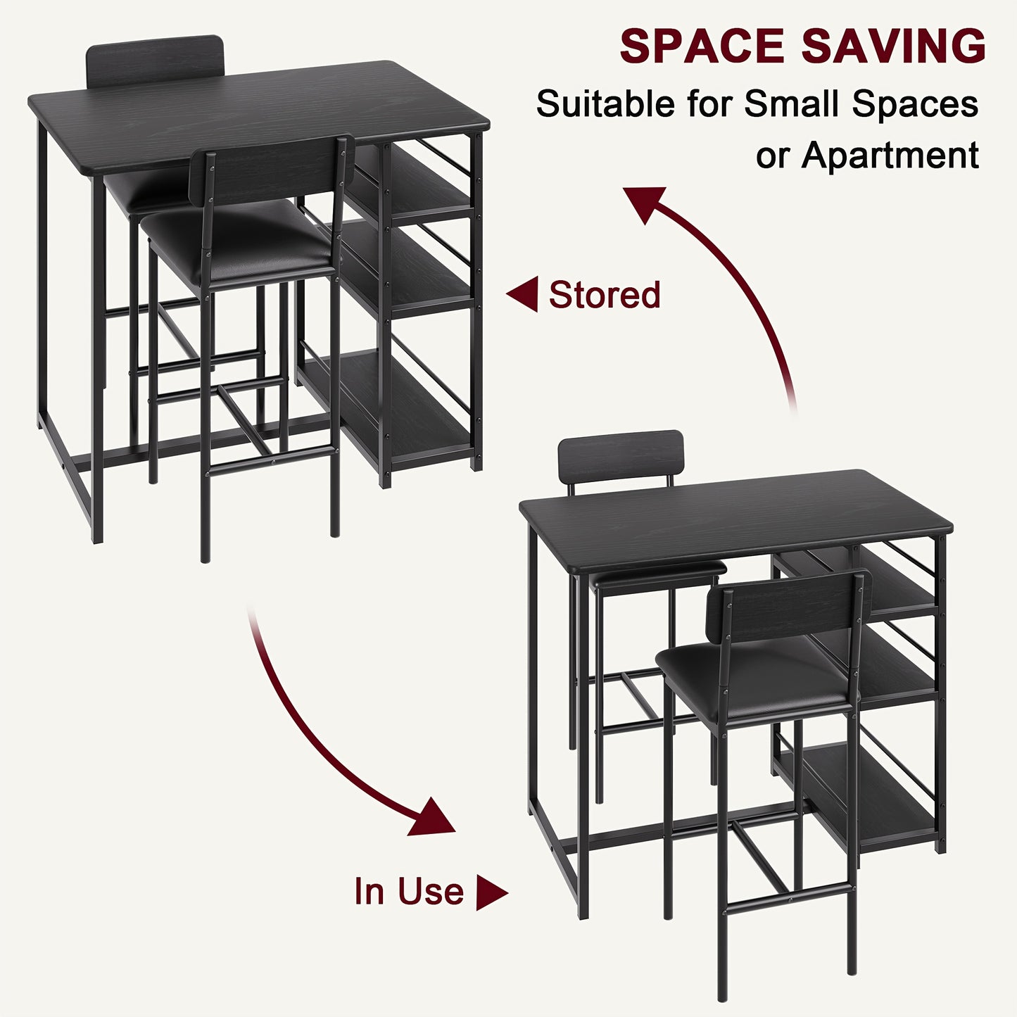 Eettafelset – Bar Tafelset – Keukentafel – Bistro Set – Stoelenset – Compact Ruimtebesparend Ontwerp – Met 3 Opbergruimtes – Matzwarte Metalen Frame