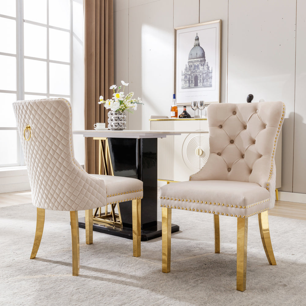 Eetkamerstoelen – Stoelen – Kuipstoelen – Keukenstoelen – Dining Chairs – Set van 2 – Beige Velvet Bekleding – Gouden Metalen Poten met Nagelrand