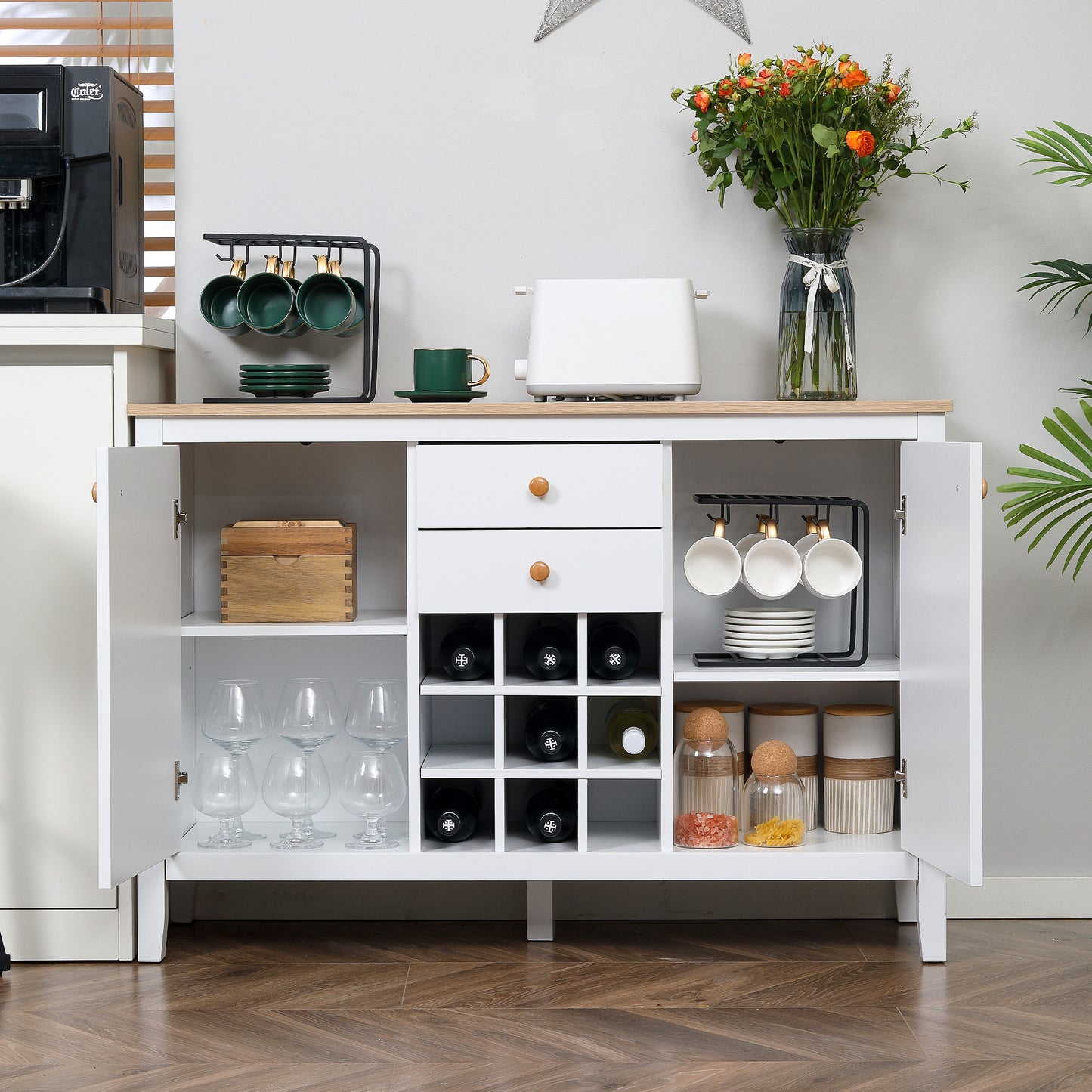 Opbergkast – Kastje – Dressoir – Bergkast – Buffetkast – 2 Laden – 2 Verstelbare Planken – Flessenhouder Voor 9 Flessen – Wit – Hout – 110 x 35 x 75 cm