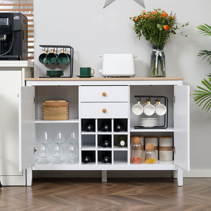 Opbergkast – Kastje – Dressoir – Bergkast – Buffetkast – 2 Laden – 2 Verstelbare Planken – Flessenhouder Voor 9 Flessen – Wit – Hout – 110 x 35 x 75 cm