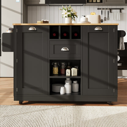 Kitchen Island – Sideboard – Buffetwagen – Keukentrolley – Serveerwagen – Zwart – Met Wijnrek – 4 Zwenkwieltjes