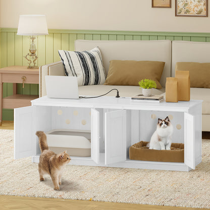 Kattenhuis – Kattenmeubel – Kattenkast – Kattenbakmeubel – Verstopte kattenbak – 140 cm Groot – Met USB Poorten en Stopcontacten – Wit