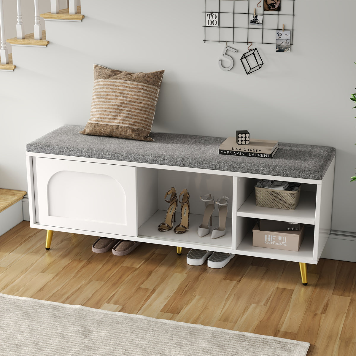 Schoenenbank – Schoenopbergbank – Schoenenkast – Zitbank – Opbergbank – Wit Rattan – Comfortabel Katoenen Kussen – Ruimtebesparend Design