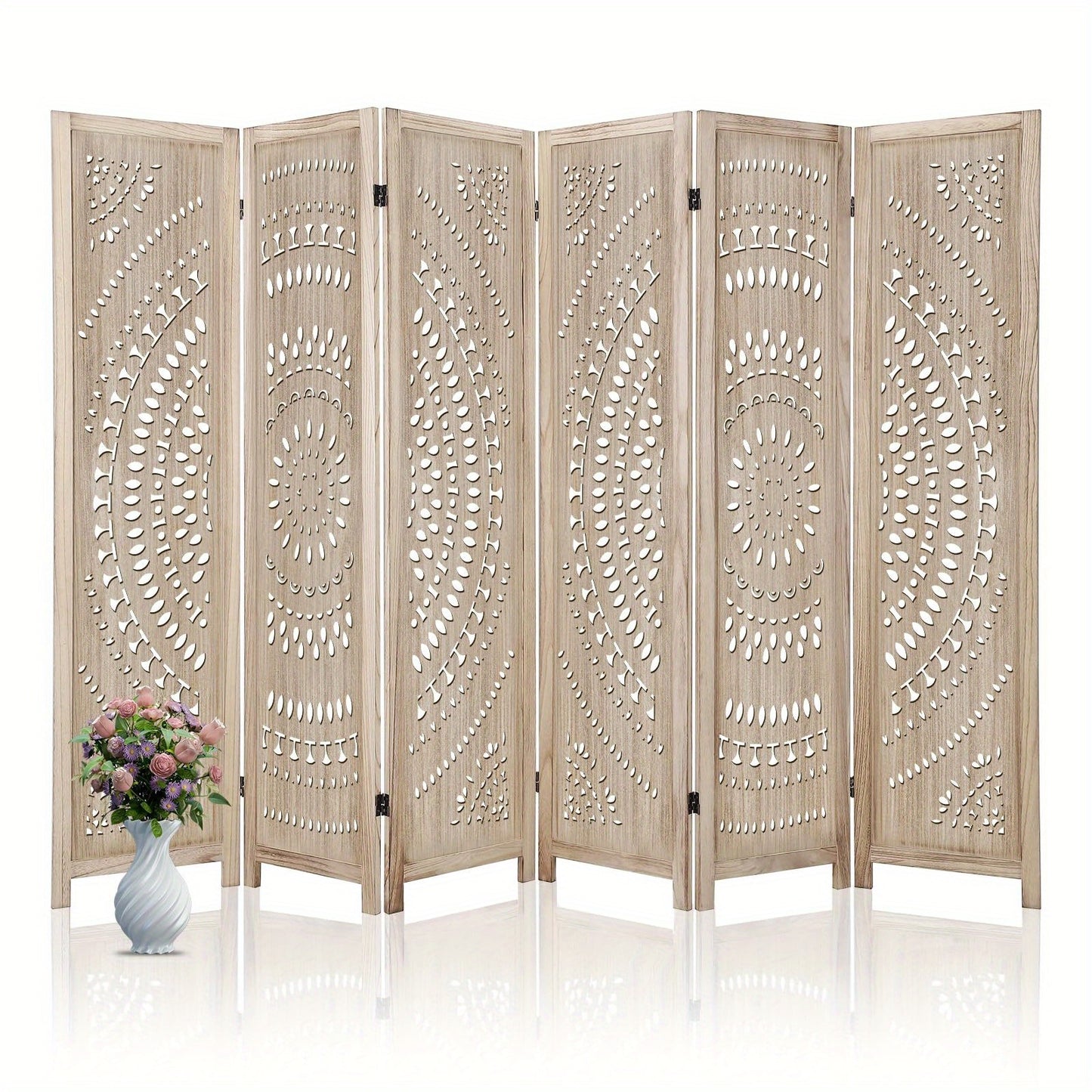 Houten Kamerscherm – Room Divider – Ruimteverdeler – Scheidingswand – Vouwscherm – 6 Panelen Massief Hardhout – Fraai Uitgesneden Bloemmotief – Vrijstaand En Inklapbaar – Lichtbruine Houtkleur