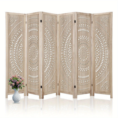 Houten Kamerscherm – Room Divider – Ruimteverdeler – Scheidingswand – Vouwscherm – 6 Panelen Massief Hardhout – Fraai Uitgesneden Bloemmotief – Vrijstaand En Inklapbaar – Lichtbruine Houtkleur