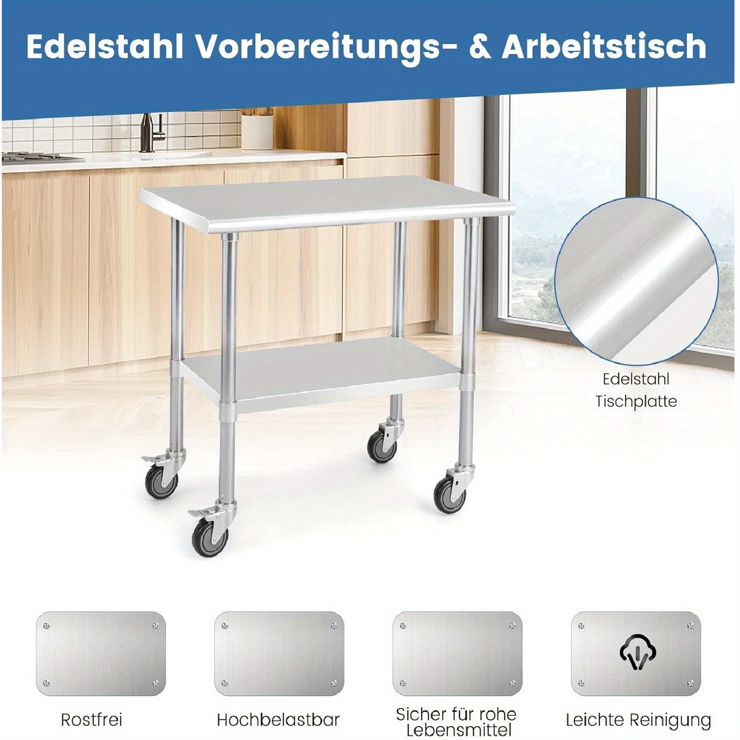 RVS Werkbank – Werktafel – Werkblad – Werkbank Met Wielen – RVS Tafel – Extra Groot 61x91cm – Verstelbaar Onderblad – Zwaar Belastingvermogen – Vergrendelbare Zwenkwielen