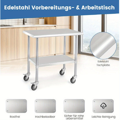 RVS Werkbank – Werktafel – Werkblad – Werkbank Met Wielen – RVS Tafel – Extra Groot 61x91cm – Verstelbaar Onderblad – Zwaar Belastingvermogen – Vergrendelbare Zwenkwielen