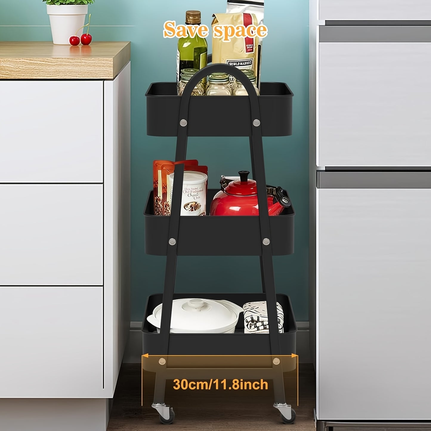 Keukentrolley – Opbergtrolley – Serveerwagen – Keukenwagen – Trolley op Wieltjes – Metaal – Compact 43x30x76,5 cm – 3 Ruime Mandjes – 360° Zwenkwieltjes