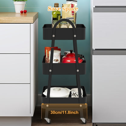 Keukentrolley – Opbergtrolley – Serveerwagen – Keukenwagen – Trolley op Wieltjes – Metaal – Compact 43x30x76,5 cm – 3 Ruime Mandjes – 360° Zwenkwieltjes