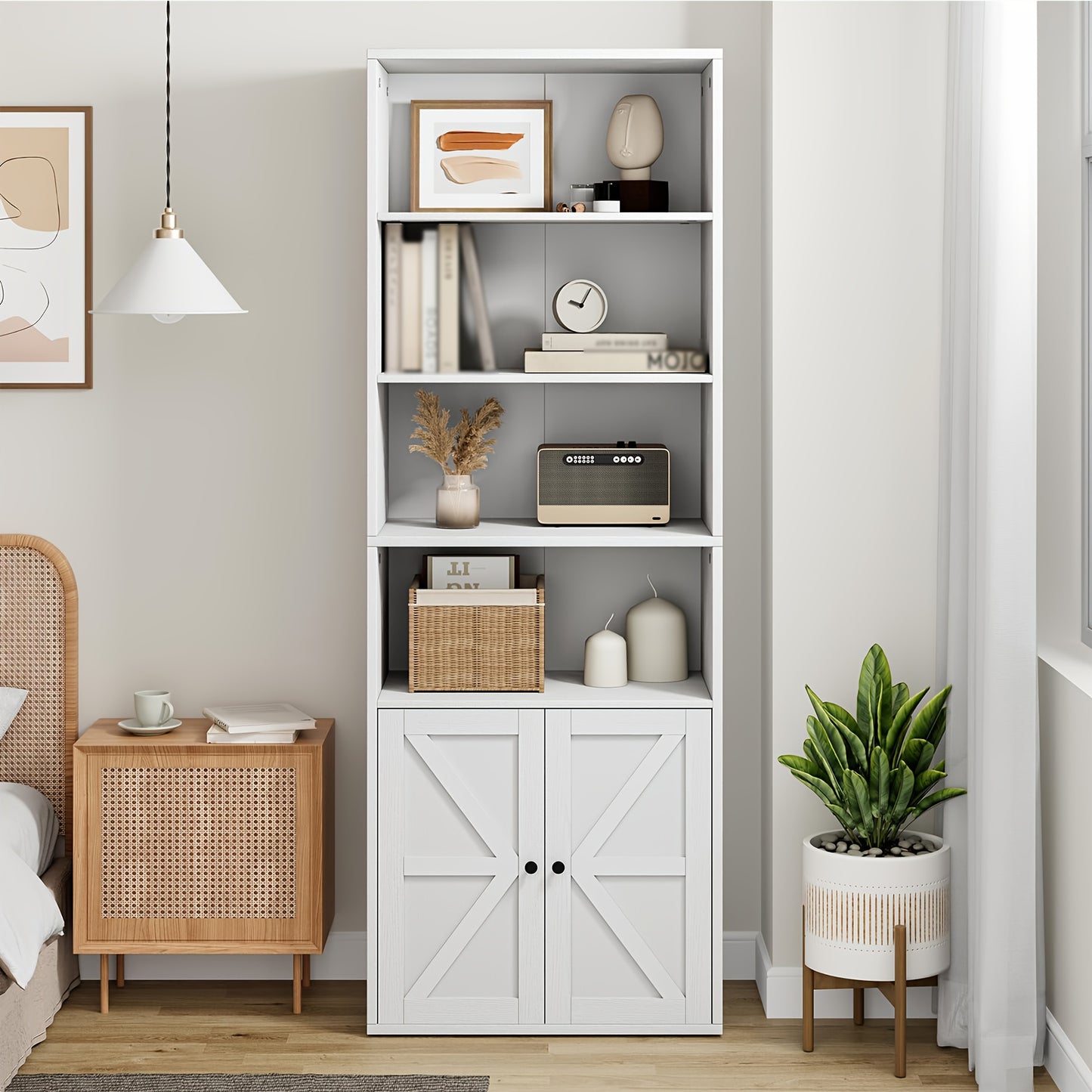 Industrial Farmhouse Bookcase with Doors - Extra Tall 181.36cm Tall Bookshelf, Heavy-Duty Hardwood Construction, No Assembly Needed, Modern Farmhouse Storage Cabinet with Doors for Living Room, Home Office, Bedroom - Space-Sa