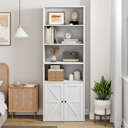 Industrial Farmhouse Bookcase with Doors - Extra Tall 181.36cm Tall Bookshelf, Heavy-Duty Hardwood Construction, No Assembly Needed, Modern Farmhouse Storage Cabinet with Doors for Living Room, Home Office, Bedroom - Space-Sa
