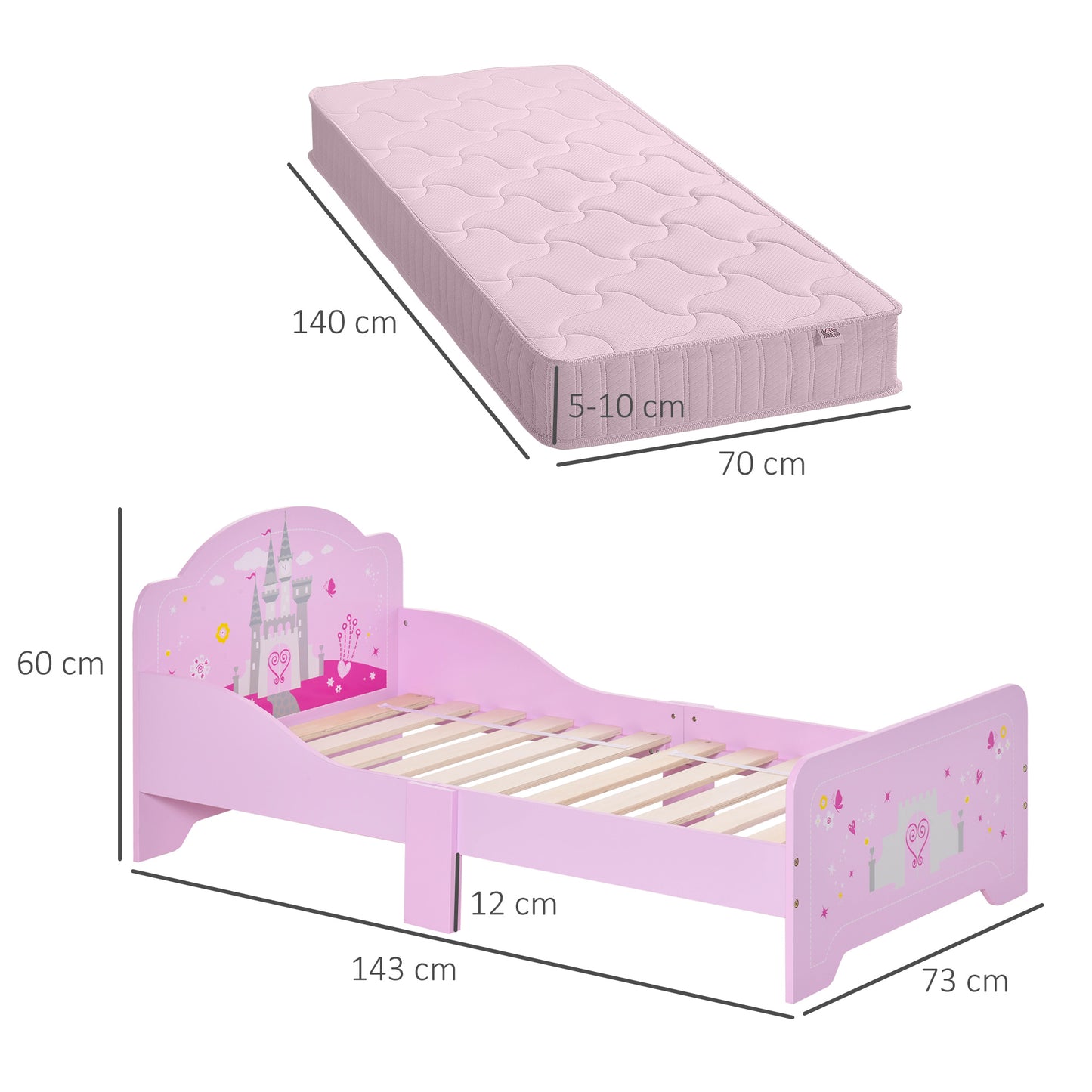 Kinderbed – Peuterbed – Meisjesbed – Prinsessenbed – Kasteelbed – Roze MDF Veneer – Houten Lattenbodem Inclusief