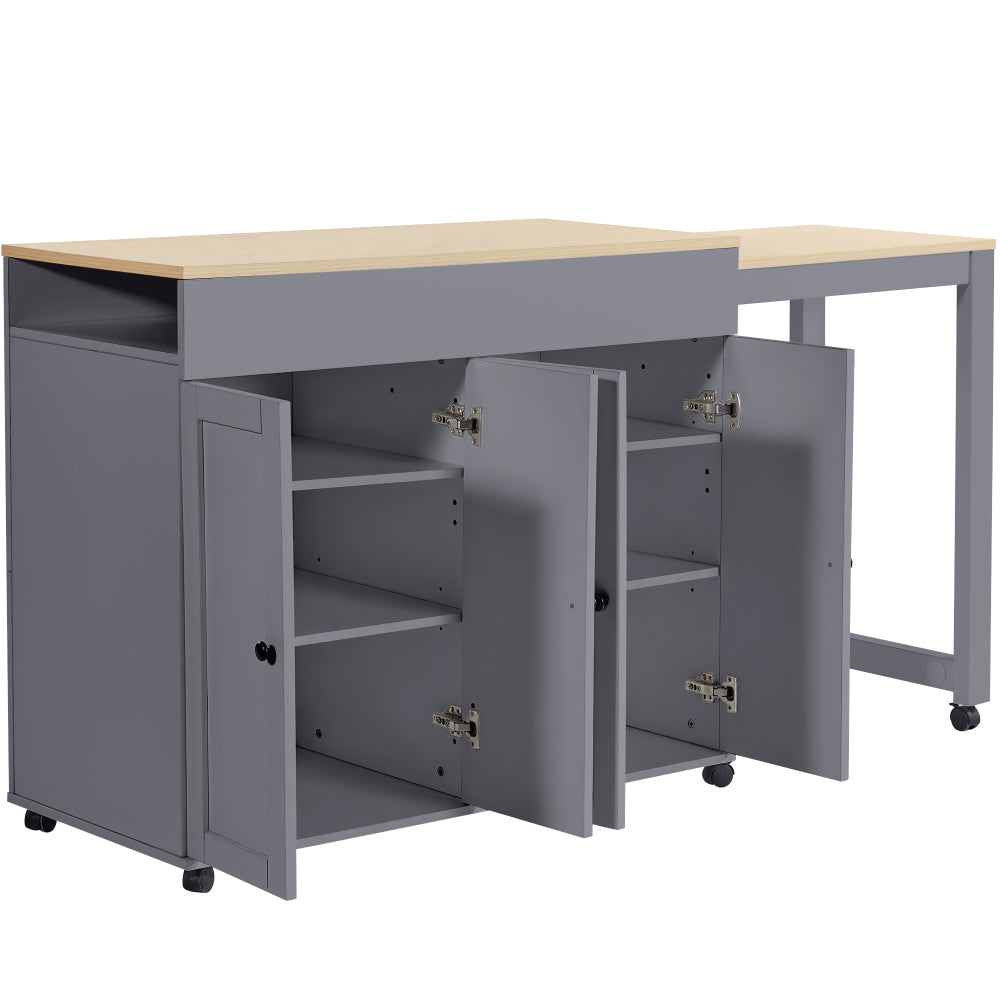 Bartafel – Barkruktafel – Barmeubel – Uitschuifbare Tafel – Roomdivider – Grijs – Uitschuifbaar Met 6 Planken – Bamboe Met Wieltjes