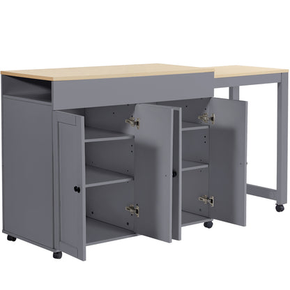 Bartafel – Barkruktafel – Barmeubel – Uitschuifbare Tafel – Roomdivider – Grijs – Uitschuifbaar Met 6 Planken – Bamboe Met Wieltjes