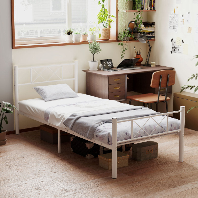 Eenpersoonsbed – Bedframe – Stalen Bed – Opbergbed – Slaapkamerbed – Wit – Stevig Stalen Frame – Ruimtebesparend Met Opbergruimte Onder Bed