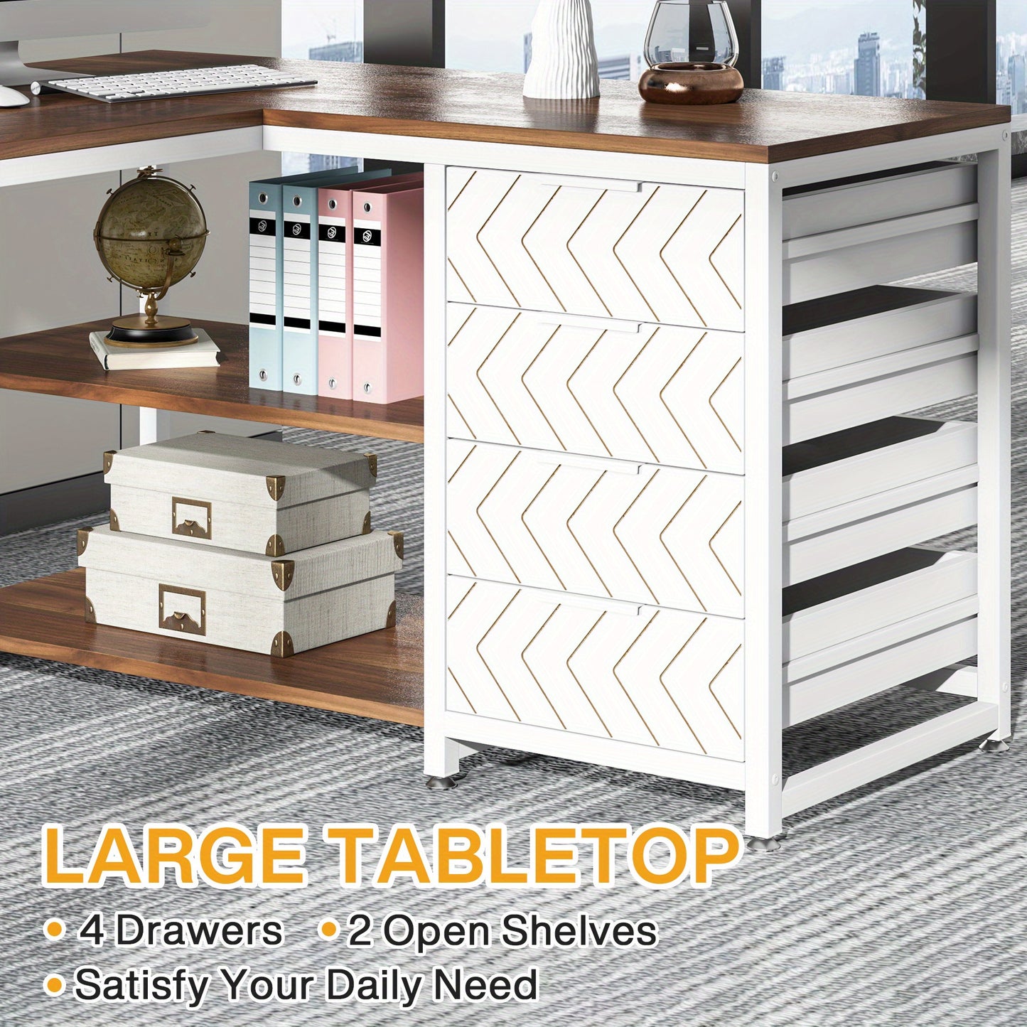Hoekbureau – Bureau – Computertafel – Werkplek – Schrijftafel – L-vormig en omkeerbaar ontwerp – Stevig MDF met walnoot & wit