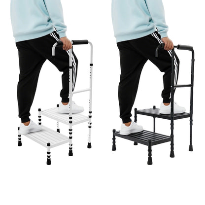 2-Traps Opstap – Opstapkruk – Trapje – Opklapkruk – Trapje Voor Ouderen – Verstelbare Handgreep – Antislip Brede Treden – Carbonstaal en Rubber (Zwart)