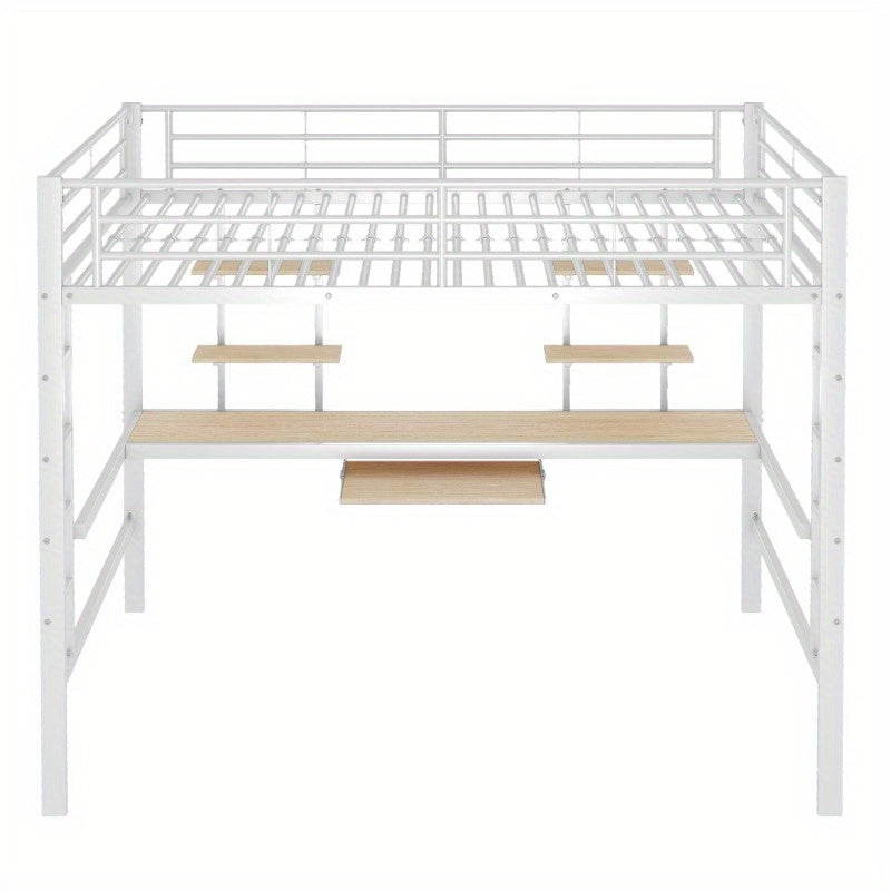 Hoogslaper – Stapelbed – Ligbed – Bed met Bureau – Bed met Planken – Stevig Metaalframe – Ruimtebesparend Ontwerp – 140x200 cm – Wit