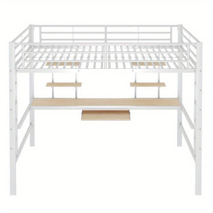 Hoogslaper – Stapelbed – Ligbed – Bed met Bureau – Bed met Planken – Stevig Metaalframe – Ruimtebesparend Ontwerp – 140x200 cm – Wit
