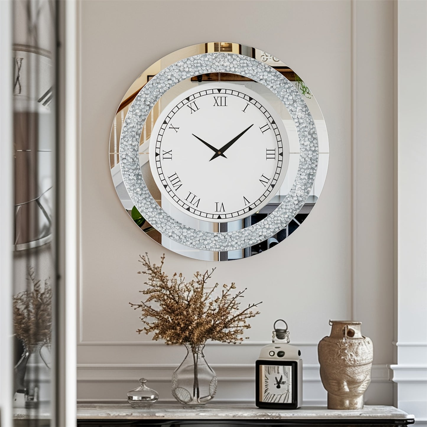 Spiegelklok – Wandklok – Muurklok – Klok Rond – Quartz Klok – 60 cm Diameter – Crushed Kristal & Gouden Spiegelglas