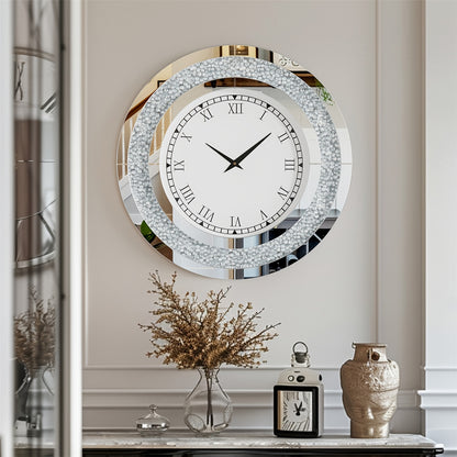 Spiegelklok – Wandklok – Muurklok – Klok Rond – Quartz Klok – 60 cm Diameter – Crushed Kristal & Gouden Spiegelglas
