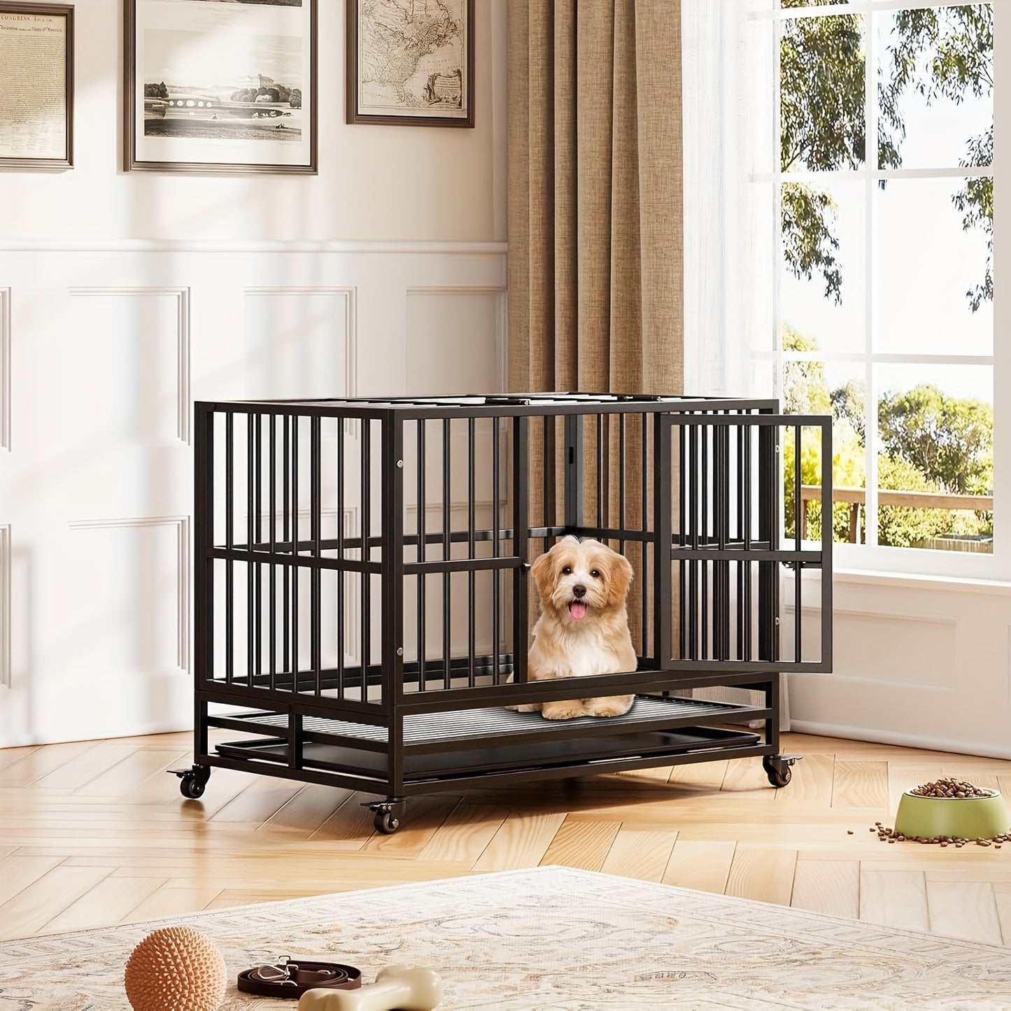 Hondenkennel – Hondenbench – Hondenkooi – Hondenhok – Hondenkooi – Draagbaar & Inklapbaar – Stevig RVS Staal 94cm – Uitneembare Bodemtray – Lockbare Wieltjes