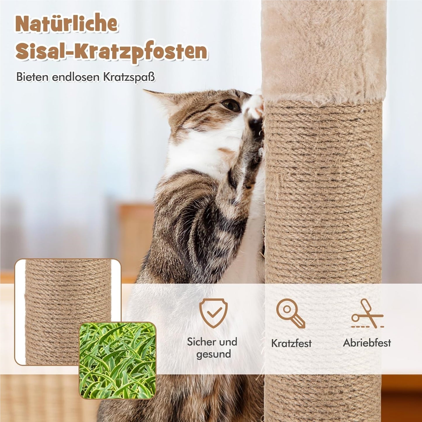 Kattenboom – Krabpaal – Klimtoren – Speelboom – Kattenmeubel – Beige Kleur – 165 cm Hoog – Duurzame Jute Krabpalen