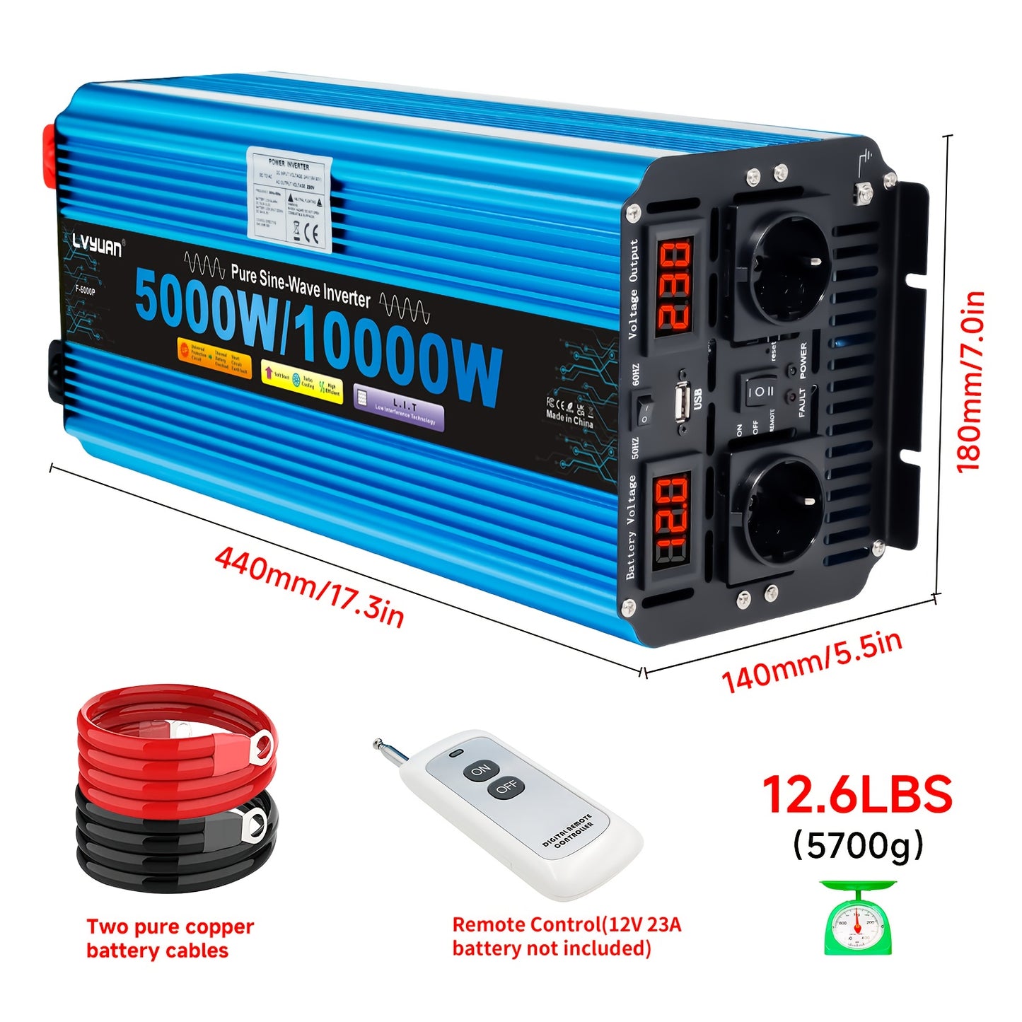 Power Inverter – Omvormer – Spanningsomzetter – DC naar AC Converter – Wisselstroom Adapter – 24V Variant – 5000W Continu Vermogen – Pure Sinusgolf Met LED Display & USB-poort