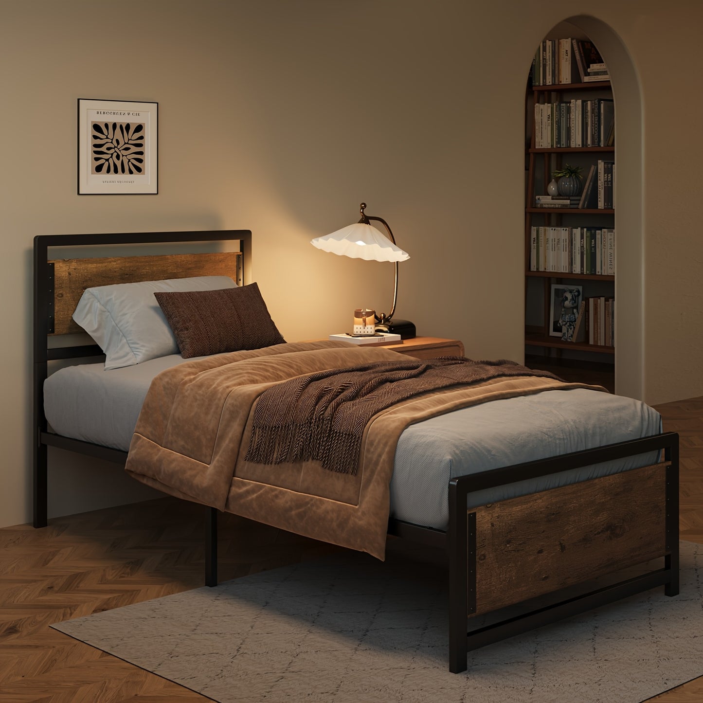 Bedframe – Platformbed – Eenpersoonsbed – Tweepersoonsbed – Industrieel Bed – Retro Bruin – 120x200 cm – Metaal & Hout – 35 cm Opbergruimte Onder Bed