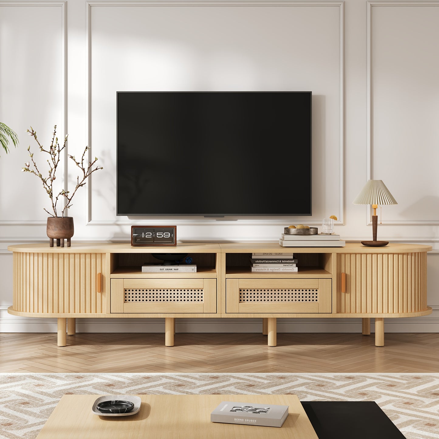 Tv-Meubel – Tv-Kast – Tv-Tafel – Dressoir – Media-Kast – Ovaal Design – 170x40x40 cm – 2 Rieten Lades & 2 Schuifdeuren – Geschikt Voor Tv Tot 70 Inch – Lichtgewicht Houtkleur