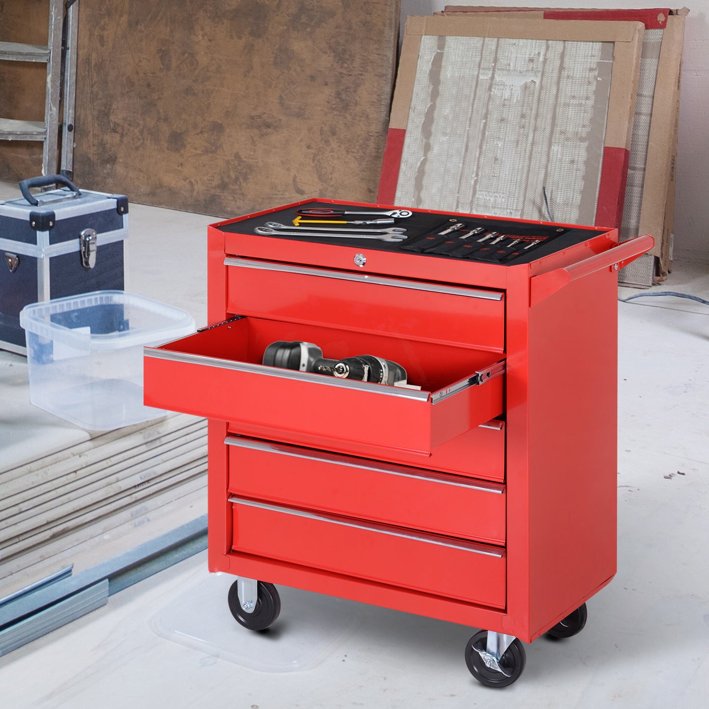 Gereedschapswagen – Werkplaatswagen – Werkzeugwagen – Toolcart – Werkbank op Wielen – 5 Lades – Lockable met 2 Sleutels – Stalen Frame – Krasbestendig – Rood