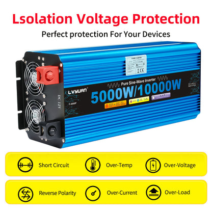Power Inverter 5000W – Omvormer – Spanningsomvormer – DC naar AC Converter – Zuivere Sinus Inverter 12V – 4 AC Uitgangen & USB – LED Display – 10000W Piekvermogen
